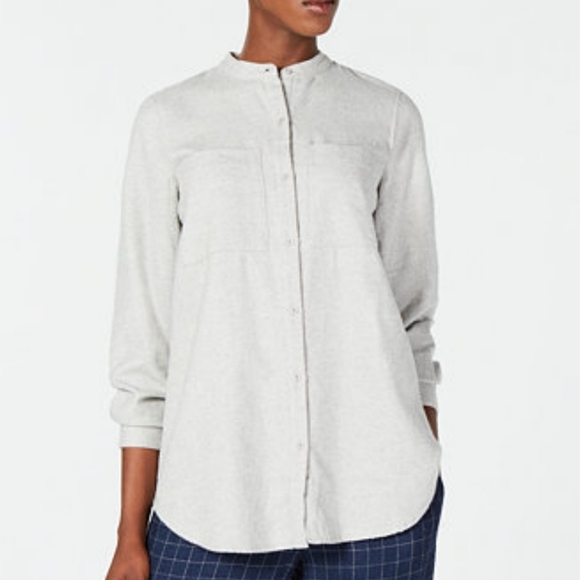 Eileen Fisher Organic Cotton Button Down Top Collarless Light Gray Size Medium - Picture 1 of 8